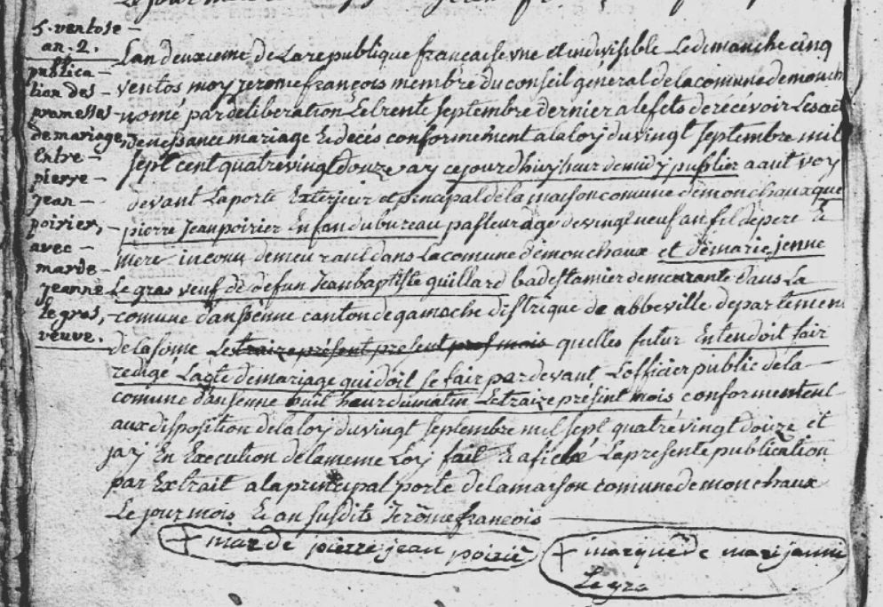POIRIER Pierre Jean X LEGRAS Marie Jeanne (bans) 23-2-1794 Monchaux.JPG