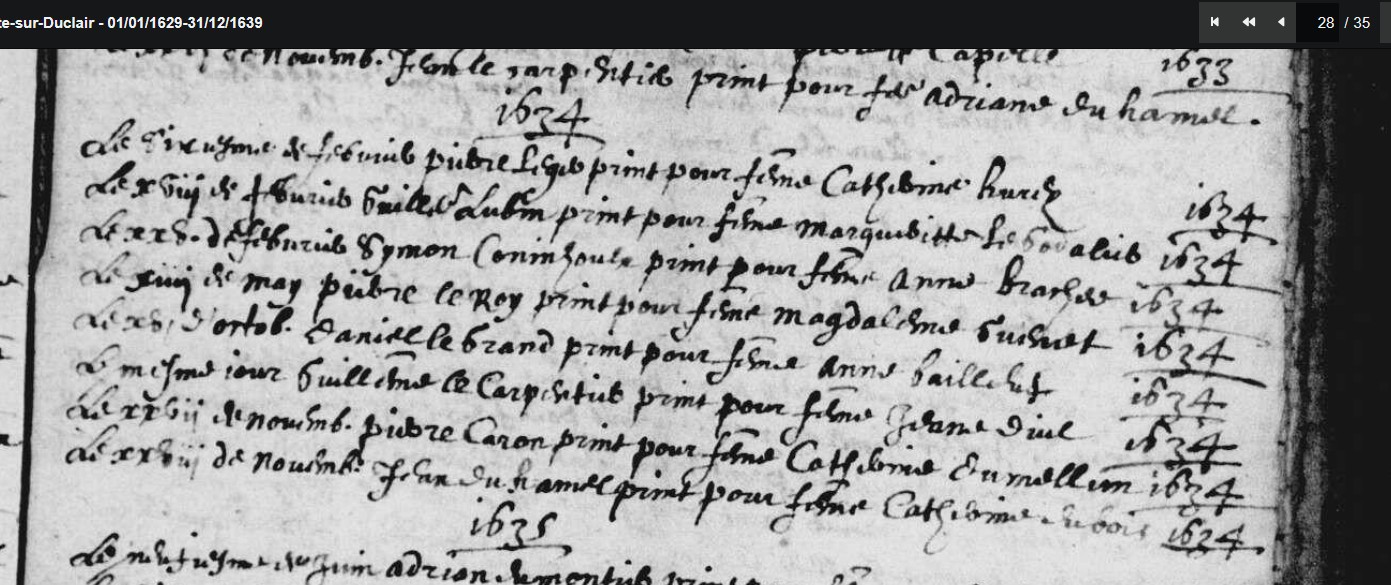LUBIN guillaume mariage LEGODALIER marguerite et non pas HUREY catherine le 18 02 1634 SMSD p 28.jpg